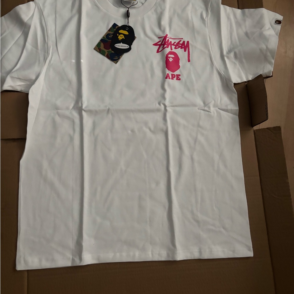 Stussy White Tee with Pink APE Graphic